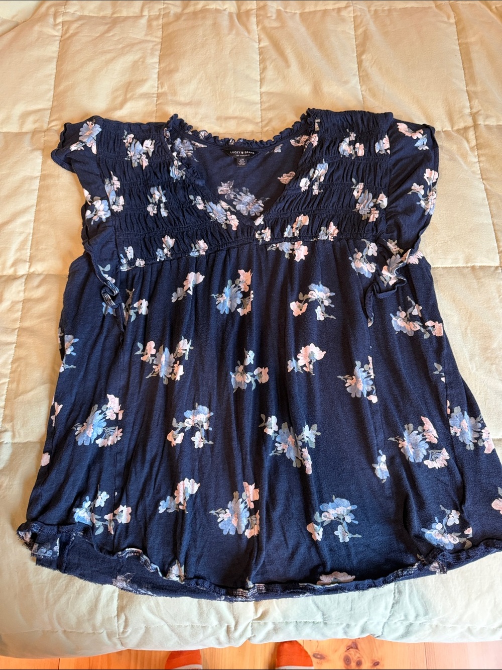 Lucky Brand Navy Floral Smocked Flutter Sleeve Top